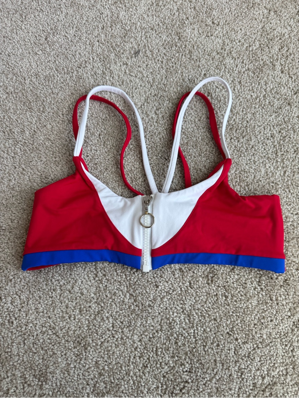 Red and White Colorblock Bikini Top with Blue Trim